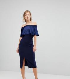 Платье миди с широким вырезом и контрастной атласной отделкой Silver Bloom - Темно-синий