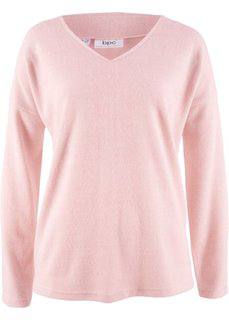 Флисовый пуловер с V-образным вырезом (нежно-розовый меланж) Bonprix