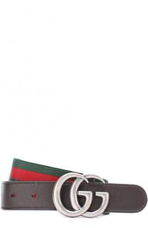 Текстильный ремень с кожаной отделкой и металлической пряжкой Gucci