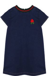 Хлопковое мини-платье прямого кроя с аппликацией и контрастным воротником Gucci