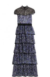 Шелковое многоярусное платье с кружевным лифом Alice + Olivia