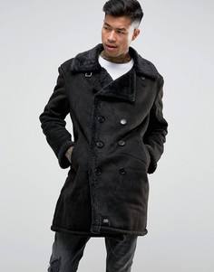 Черное двубортное пальто из искусственной овчины Sixth June - Черный