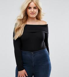 Боди с отворотом, открытыми плечами и длинными рукавами ASOS Curve - Черный