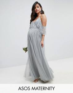 Платье макси с расклешенными рукавами и отделкой ASOS Maternity WEDDING - Серый