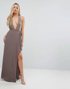 Платье макси с глубоким вырезом и оборкой BCBGMAXAZRIA - Коричневый