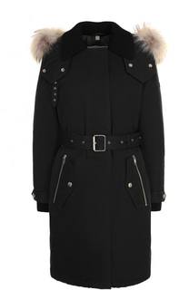 Пуховая парка с поясом и меховой отделкой капюшона Burberry