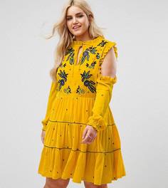 Бархатное свободное платье с открытыми плечами и цветочной вышивкой Frock And Frill Plus - Желтый