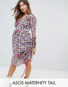 Платье миди в клетку с цветочным принтом и завязками ASOS Maternity TALL - Мульти