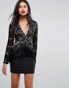 Кружевное платье мини с длинными рукавами и кисточками Missguided - Черный