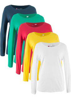 Удлиненная футболка с длинными рукавами (5 штук в упаковке) (красный/белый/желтый/темно-синий/изумрудный) Bonprix