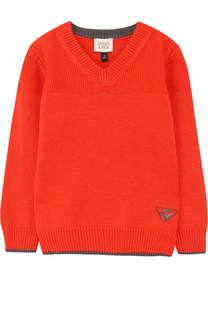 Свитер из хлопка и шерсти фактурной вязки с V-образным вырезом Armani Junior