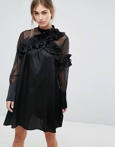 Платье с длинными рукавами и отделкой рюшами Lost Ink - Черный