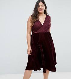 Бархатное платье миди с кружевной вставкой ASOS CURVE - Красный