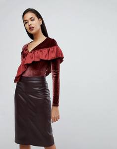 Бархатное боди с оборками River Island - Красный