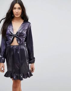 Короткое приталенное платье металлик с длинными рукавами и завязкой Oh My Love Tall - Фиолетовый