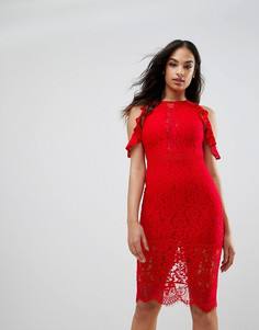 Кружевное облегающее платье миди с вырезами на плечах NaaNaa - Красный