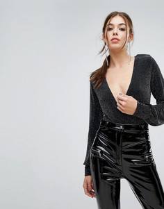 Боди с глубоким вырезом и длинными рукавами PrettyLittleThing - Черный