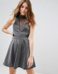 Короткое приталенное платье металлик с сетчатыми вставками New Look - Серебряный