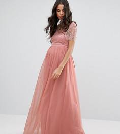 Платье макси для беременных с кружевным лифом Little Mistress Maternity - Розовый
