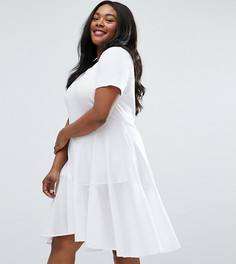 Короткое приталенное платье-футболка с тканой хлопковой вставкой ASOS CURVE - Белый