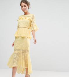 Многоярусное платье миди с выжженным узором и кружевными вставками Dark Pink - Желтый
