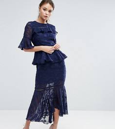 Многоярусное платье миди с выжженным узором и кружевными вставками Dark Pink - Темно-синий