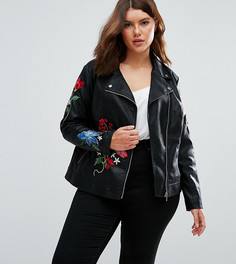 Куртка из искусственной кожи с цветочной вышивкой New Look Curve - Черный