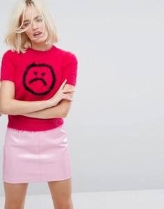 Пушистая футболка неонового цвета с грустным смайликом Lazy Oaf - Розовый