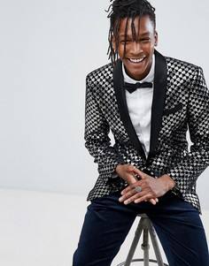 Черный бархатный блейзер скинни с серебристыми пайетками ASOS - Серебряный