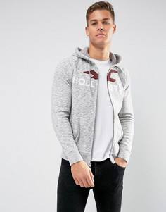 Серый меланжевый худи с молнией и логотипом Hollister - Серый