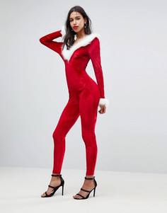 Комбинезон с отделкой искусственным мехом Club L Sexy Santa - Красный