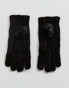 Перчатки с узором косичка и помпонами из искусственного меха New Look - Черный