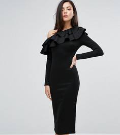 Платье миди на одно плечо с длинными рукавами и оборками Club L - Черный
