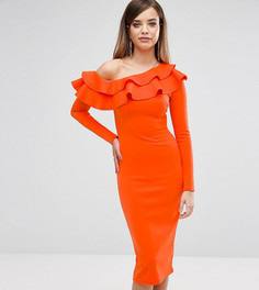 Платье миди на одно плечо с длинными рукавами и оборками Club L - Оранжевый