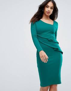 Платье-футляр с длинными рукавами и оборками City Goddess - Зеленый