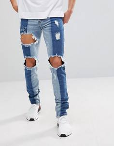 Выбеленные синие супероблегающие джинсы с контрастными вставками Sixth June - Синий