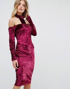 Платье миди из мятого бархата с чокером Ax Paris - Фиолетовый
