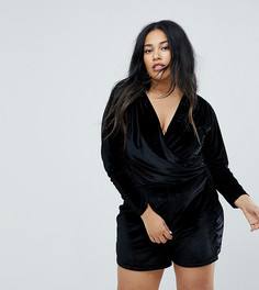 Бархатный ромпер с запахом и пуговицами ASOS CURVE - Черный