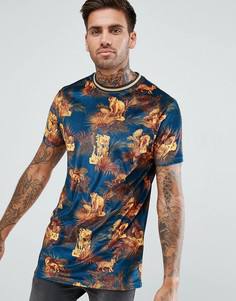 Удлиненная велюровая футболка со звериным принтом ASOS - Синий