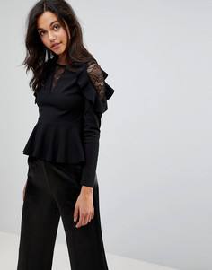 Топ с кружевной вставкой и баской New Look - Черный