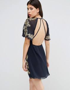 Короткое приталенное платье с цветочной отделкой и рукавами‑бабочка ASOS - Синий
