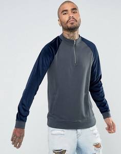 Спортивная куртка с молнией и велюровыми рукавами ASOS - Темно-синий