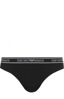 Хлопковые трусы-стринги с логотипом бренда Emporio Armani