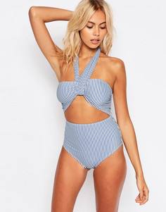 Слитный купальник-бандо с запахом и принтом в полоску ASOS - Синий