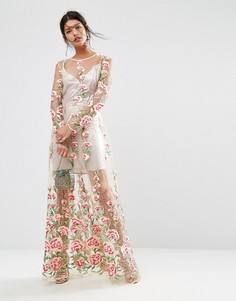 Платье миди с цветочной вышивкой и подкладкой-сорочкой цвета металлик ASOS SALON - Розовый