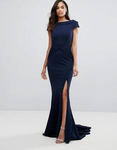 Платье макси с высокой горловиной и разрезом сбоку Jovani - Темно-синий