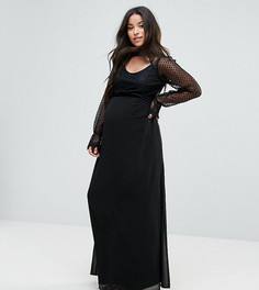 Платье макси с длинными кружевными рукавами и бархатной отделкой TFNC Maternity - Черный