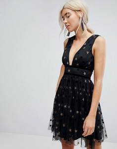 Короткое приталенное сетчатое платье с принтом звезд New Look - Черный