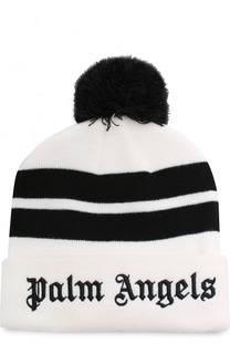 Вязаная шапка с помпоном и логотипом бренда на отвороте Palm Angels