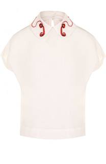 Шелковая блуза с декорированным воротником и коротким рукавом Olympia Le-Tan
